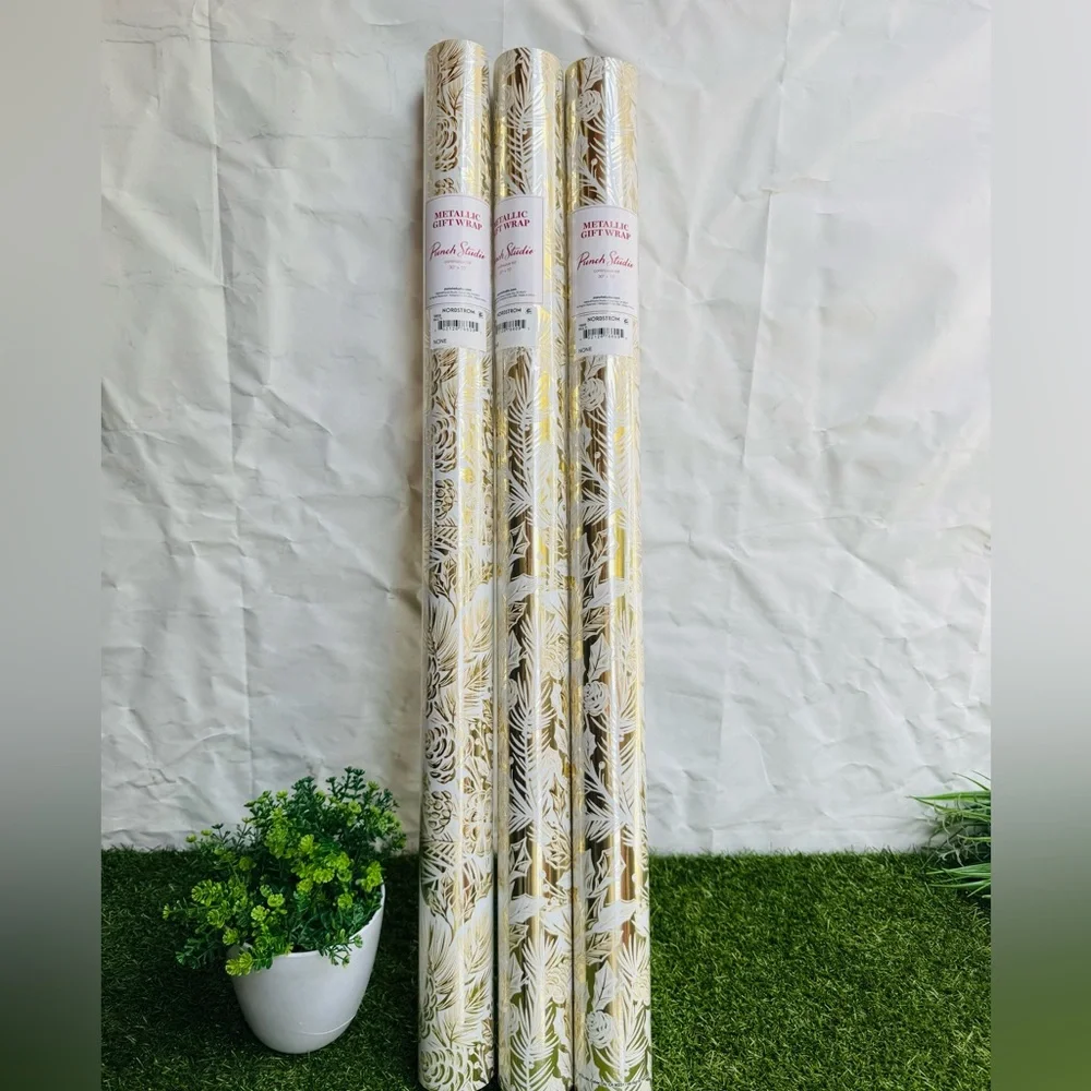 PUNCH STUDIO Christmas Gift Wrap Paper Roll Lot of 3 New Gold and White 30 X 10